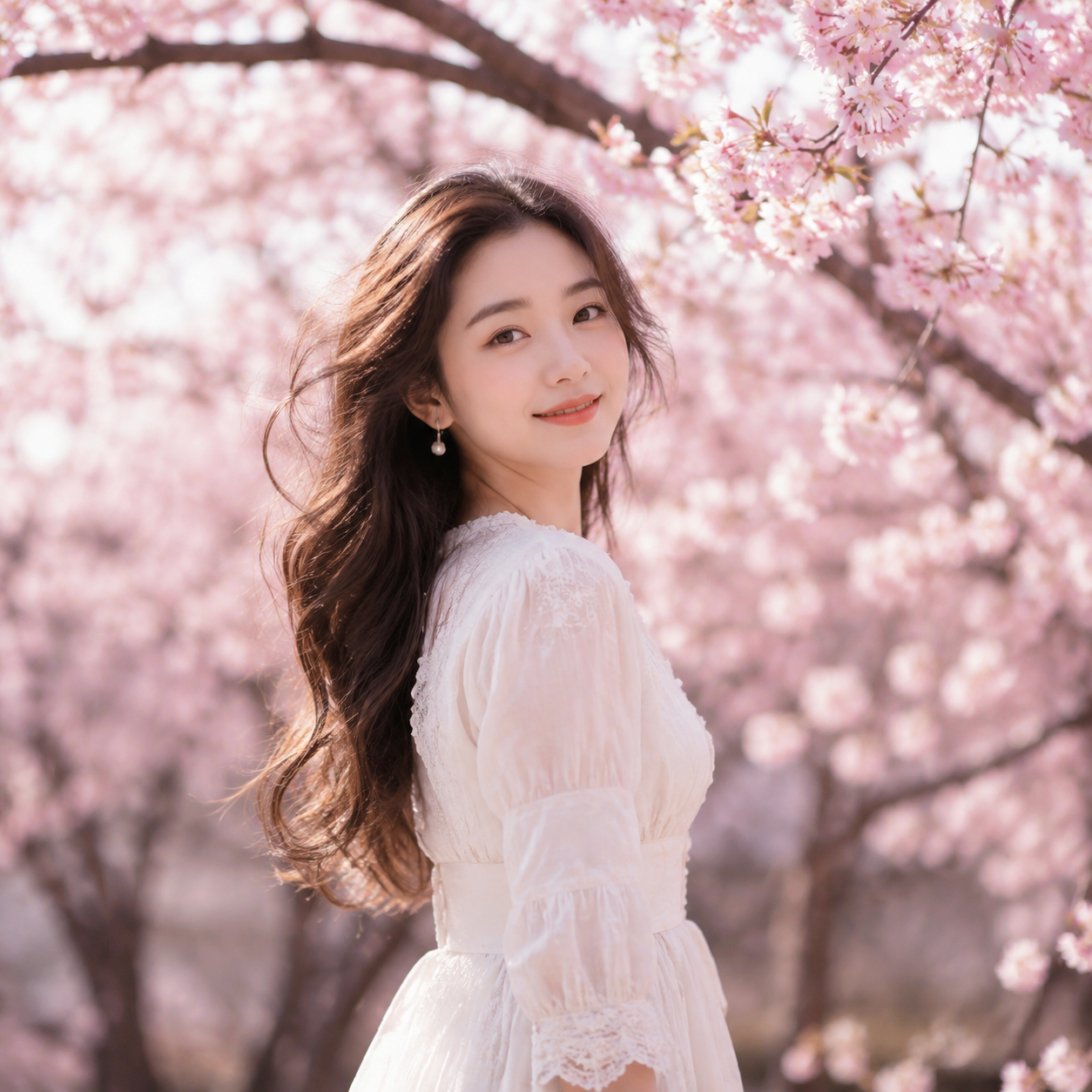 一位25岁的年轻女子站在樱花树下，身穿复古白色连衣裙，温柔微笑看向镜头。背景是浅粉色樱花花海。清晨柔和的自然光，微风吹拂发丝。电影级质感，景深效果，8k分辨率，高清摄影。