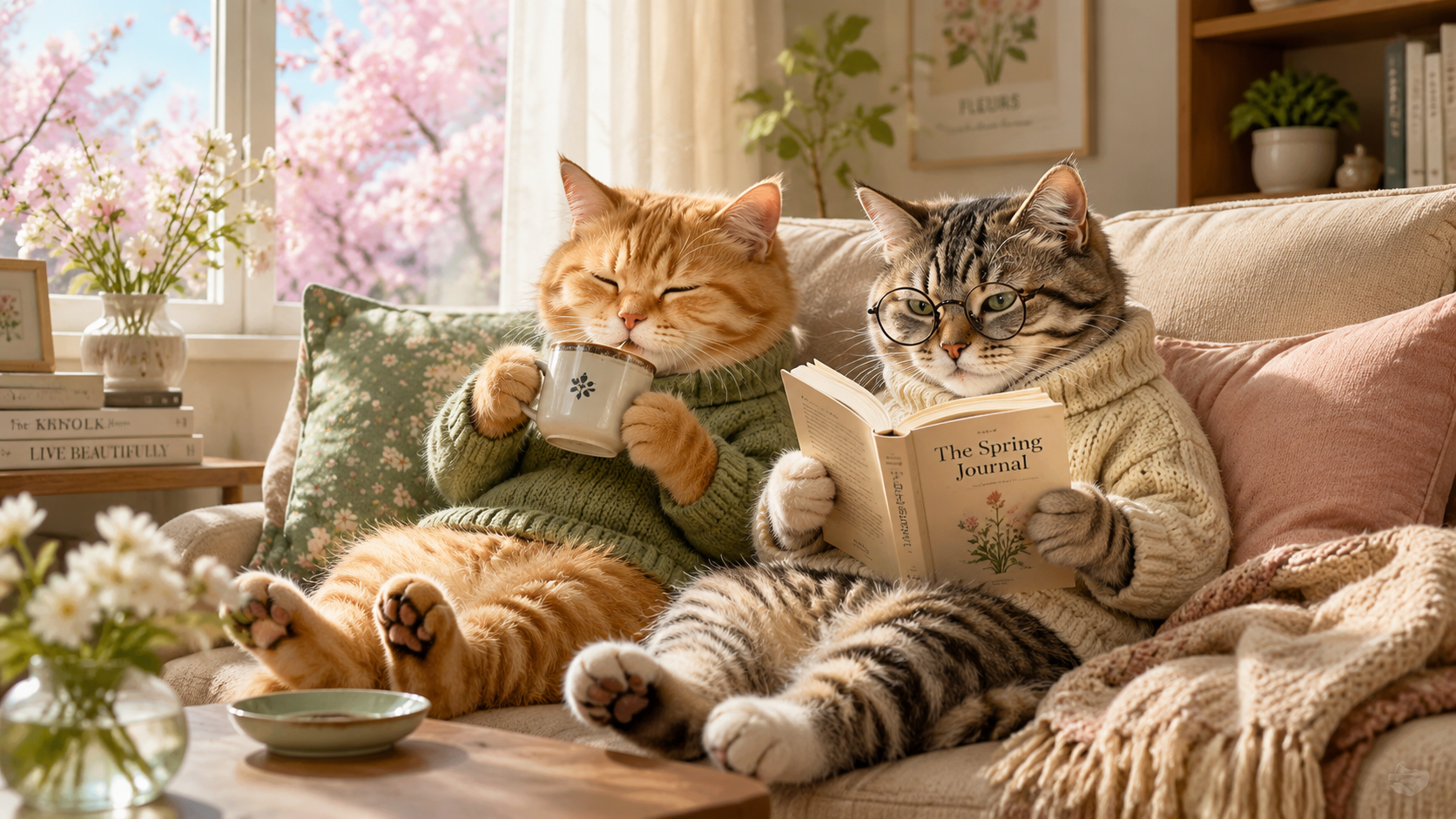 In spring, two cats snuggled together on the sofa, one drinking coffee and the other reading a book.
