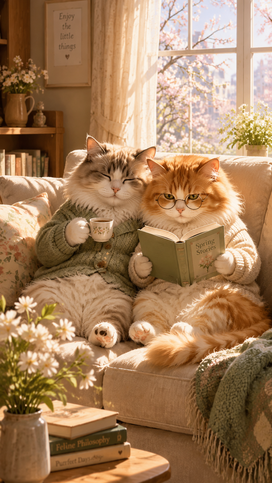 A vertical 9:16 aspect ratio illustration. In a cozy living room during a bright spring day, two fluffy cats are snuggled together closely on a soft fabric sofa. One cat is anthropomorphically holding a tiny steaming cup of coffee, while the other is intently reading a small open book. Soft sunlight filters through a window with spring blossoms visible outside. The style is warm, artistic, and whimsical, with a soft color palette and high detail.