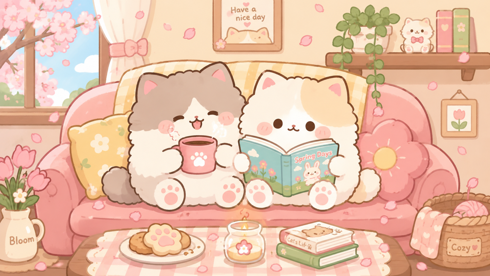A vertical 16:9 cute cartoon illustration in a "Kawaii" aesthetic. Two fluffy, round cats are snuggled together on a soft, puffy sofa. One cat is happily sipping coffee while the other is focused on a picture book. The style features thick rounded outlines, soft pastel colors, and a flat design similar to sticker art.[1] Tiny spring petals are drifting through the air. The overall vibe is extremely cozy, warm, and sweet