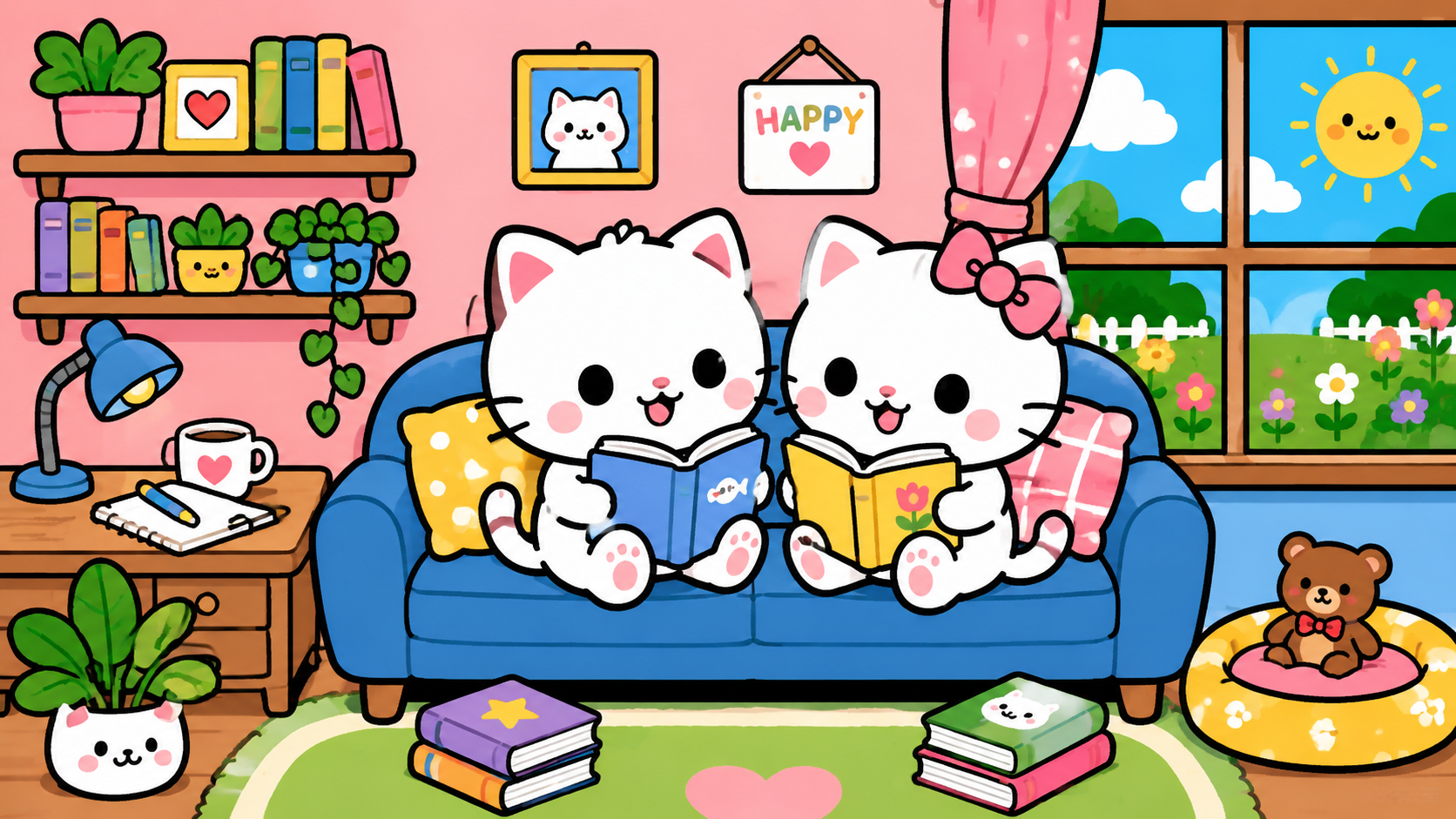一幅可爱的卡哇伊（kawaii）风格插画，两只白色的猫咪坐在蓝色沙发上一起读书。场景展示了一个舒适的家居内部，左墙上有彩色书架展示着书籍和盆栽植物，下方有一张木质书桌配咖啡杯和笔记本，右边的窗户展现了晴朗的室外景象，绿色草坪、鲜花和明亮的蓝色天空。艺术风格采用粗黑色轮廓描边、饱和纯色块，营造温暖欢快的美学。背景分为温暖的粉红色、绿色和蓝色区域，具有调皮活泼的幼稚插画风格。