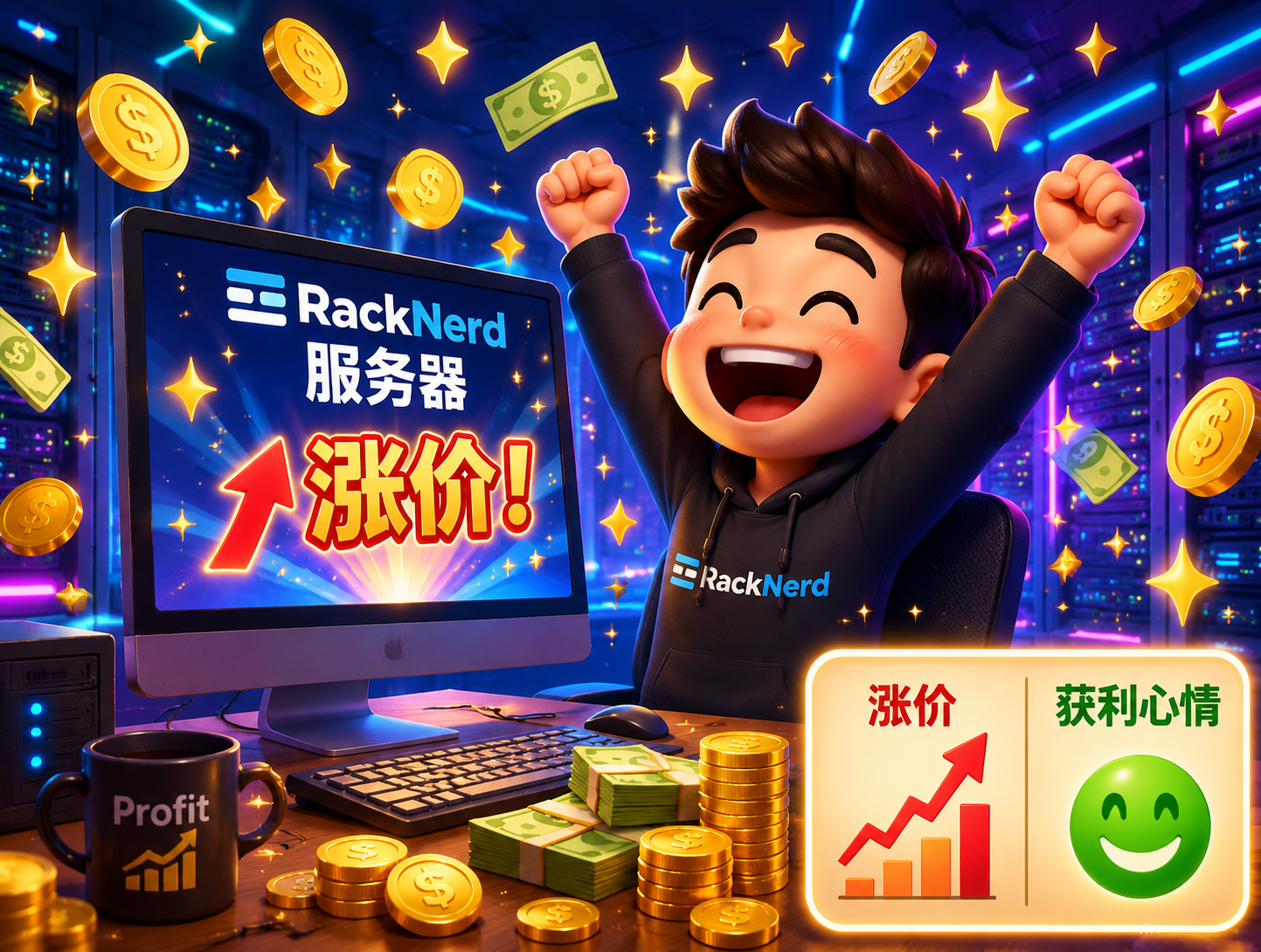 一个开心的卡通人物坐在电脑前，双手举起庆祝。电脑屏幕上闪闪发光，显示着"RackNerd 服务器"和涨价标志。人物周围飘着金币、💰钞票和闪亮的星星。背景是一个简化的机房或数据中心，蓝色和紫色的霓虹灯效果。画面右下角有一个对比图：左边是红色的上升箭头（涨价），右边是绿色的笑脸（获利心情）。整体风格是明亮、温暖的卡通渲染，充满喜悦感。
