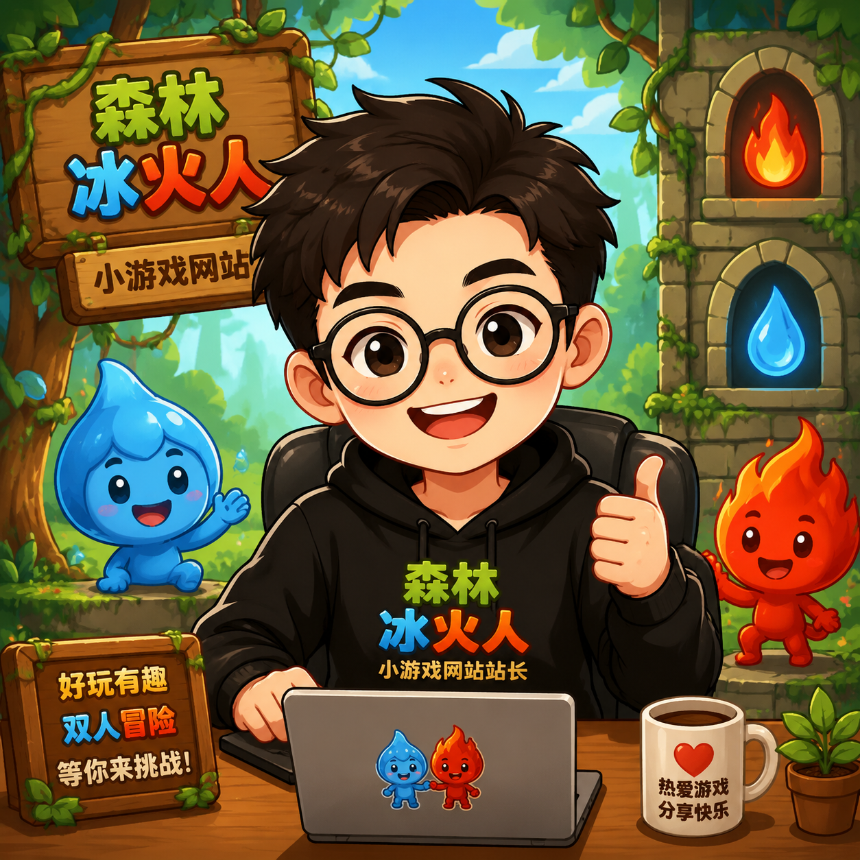 卡通漫画风格头像，森林冰火人小游戏网站站长形象，带有轻松幽默感。人物戴着圆框眼镜，微笑表情，背景有简化的森林元素和火焰、水滴符号，整体色彩明亮，突出亲和力和游戏氛围。