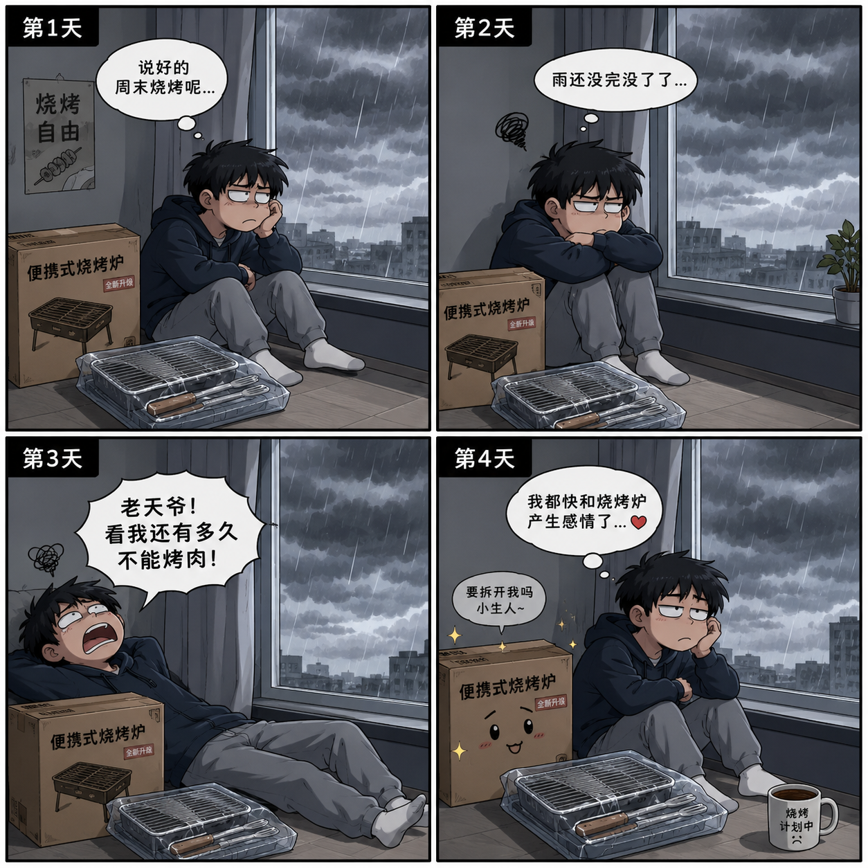 画一幅卡通漫画风格的四格漫画，连续多日的阴雨天，天空灰蒙蒙的，没有阳光，整体氛围压抑又带点幽默，一个年轻男生坐在窗边，一脸无聊和烦躁，望着窗外灰暗的天空，身旁放着刚买回来的全新烧烤炉和烧烤工具，包装还没拆，静静地摆在地上，室内光线偏冷，人物表情夸张，画面干净、线条清晰，有生活气息，适合社交平台配图
