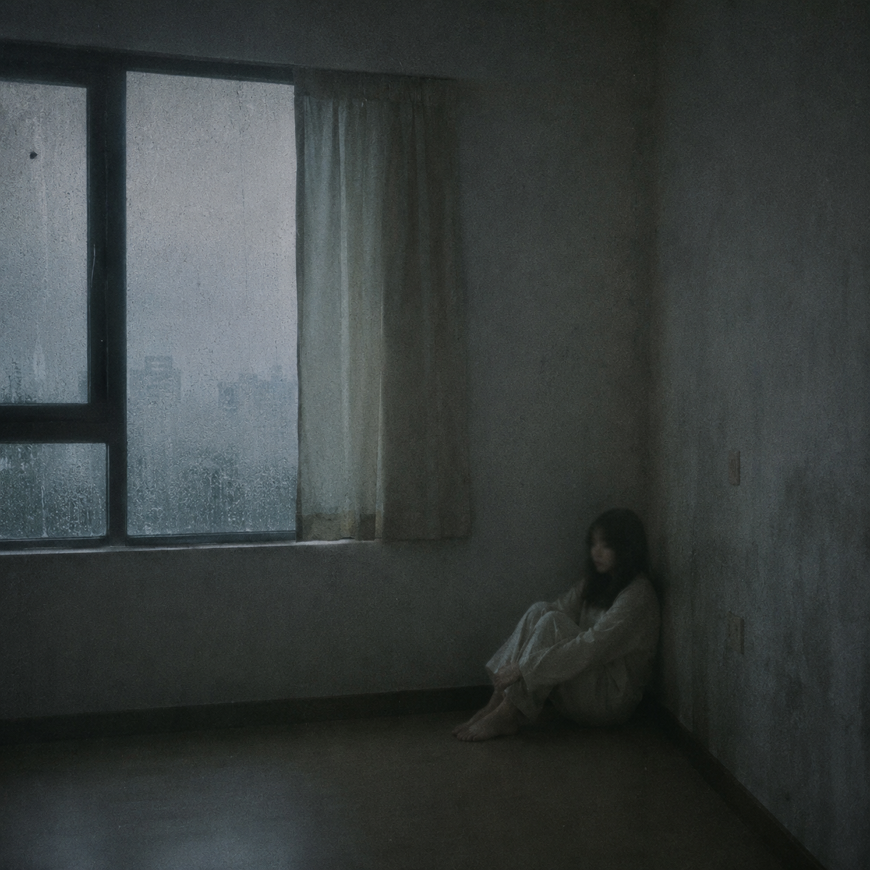 阴雨天，一个人蜷缩在昏暗房间的角落，窗外是模糊的灰色雨幕，室内只有微弱的冷光。人物表情空洞，眼神涣散，仿佛灵魂抽离了身体，与周围环境融为一体又格格不入。色调以灰蓝、暗绿、米白为主，画面带有轻微的失焦和噪点质感，像是一部文艺电影的静帧，氛围沉闷、孤独、无聊，带着一种"感觉不到自己存在"的虚无感。构图留白较多，人物显得渺小而模糊。