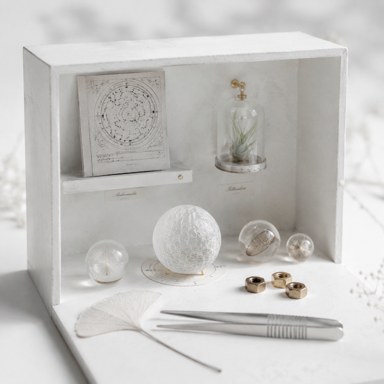 white miniature diorama, open-top box, natural overcast light from top left, hyper-detailed macro photography, shallow depth of field focusing on cracked frosted glass sphere, air plant under tiny glass cloche on back wall, hand-drawn star chart on magnetic shelf, three glass beads with inclusions (dandelion seed, resin with insect wing), brass hex nuts arranged in triangle, silver tweezers and skeletonized ginkgo leaf in foreground, pale shadows, soft bokeh, white studio background, lonely yet serene, 8K, architectural precision