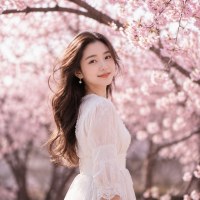 一位25岁的年轻女子站在樱花树下，身穿复古白色连衣裙，温柔微笑看向镜头。背景是浅粉色樱花花海。清晨柔和的自然光，微风吹拂发丝。电影级质感，景深效果，8k分辨率，高清摄影。