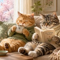 In spring, two cats snuggled together on the sofa, one drinking coffee and the other reading a book.