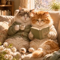 A vertical 9:16 aspect ratio illustration. In a cozy living room during a bright spring day, two fluffy cats are snuggled together closely on a soft fabric sofa. One cat is anthropomorphically holding a tiny steaming cup of coffee, while the other is intently reading a small open book. Soft sunlight filters through a window with spring blossoms visible outside. The style is warm, artistic, and whimsical, with a soft color palette and high detail.