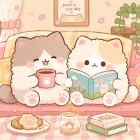 A vertical 16:9 cute cartoon illustration in a "Kawaii" aesthetic. Two fluffy, round cats are snuggled together on a soft, puffy sofa. One cat is happily sipping coffee while the other is focused on a picture book. The style features thick rounded outlines, soft pastel colors, and a flat design similar to sticker art.[1] Tiny spring petals are drifting through the air. The overall vibe is extremely cozy, warm, and sweet