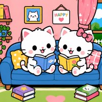 一幅可爱的卡哇伊（kawaii）风格插画，两只白色的猫咪坐在蓝色沙发上一起读书。场景展示了一个舒适的家居内部，左墙上有彩色书架展示着书籍和盆栽植物，下方有一张木质书桌配咖啡杯和笔记本，右边的窗户展现了晴朗的室外景象，绿色草坪、鲜花和明亮的蓝色天空。艺术风格采用粗黑色轮廓描边、饱和纯色块，营造温暖欢快的美学。背景分为温暖的粉红色、绿色和蓝色区域，具有调皮活泼的幼稚插画风格。