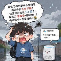 趣味卡通漫画，倒霉男生出门没带伞，被细碎小雨淋着一脸郁闷，满脸后悔抓狂，内心疯狂吐槽小爱同学谎报天气，说今天不会下雨结果突然下小雨，搞笑委屈表情包画风，简约手绘，呆萌神态，生活化搞笑日常