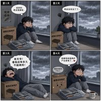 画一幅卡通漫画风格的四格漫画，连续多日的阴雨天，天空灰蒙蒙的，没有阳光，整体氛围压抑又带点幽默，一个年轻男生坐在窗边，一脸无聊和烦躁，望着窗外灰暗的天空，身旁放着刚买回来的全新烧烤炉和烧烤工具，包装还没拆，静静地摆在地上，室内光线偏冷，人物表情夸张，画面干净、线条清晰，有生活气息，适合社交平台配图