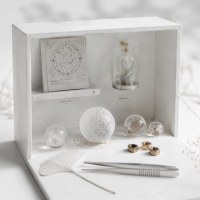 white miniature diorama, open-top box, natural overcast light from top left, hyper-detailed macro photography, shallow depth of field focusing on cracked frosted glass sphere, air plant under tiny glass cloche on back wall, hand-drawn star chart on magnetic shelf, three glass beads with inclusions (dandelion seed, resin with insect wing), brass hex nuts arranged in triangle, silver tweezers and skeletonized ginkgo leaf in foreground, pale shadows, soft bokeh, white studio background, lonely yet serene, 8K, architectural precision